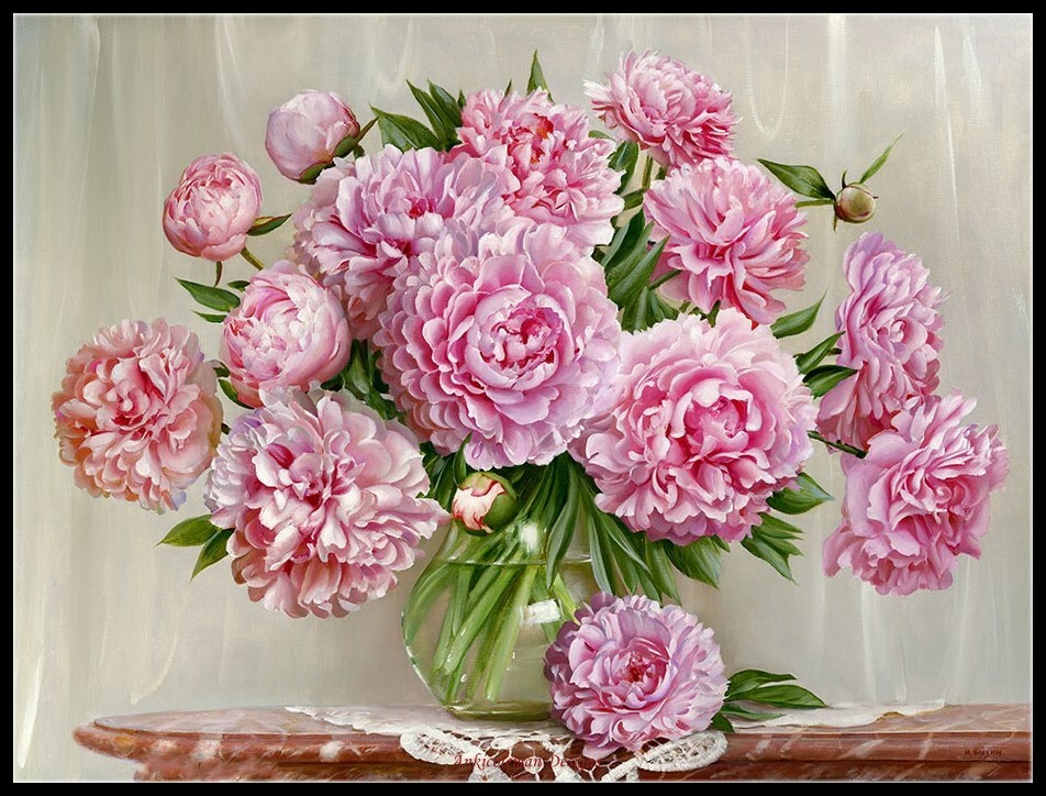 Peonies on a Marble Table - DIY Chart Counted Cross Stitch Patterns Needlework