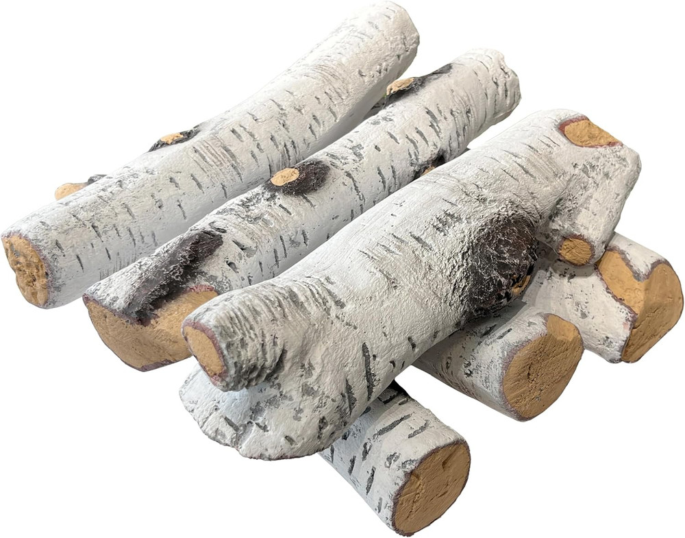 Realistic Birch Ceramic Fireplace Logs - 6 Pack for Fire Pits