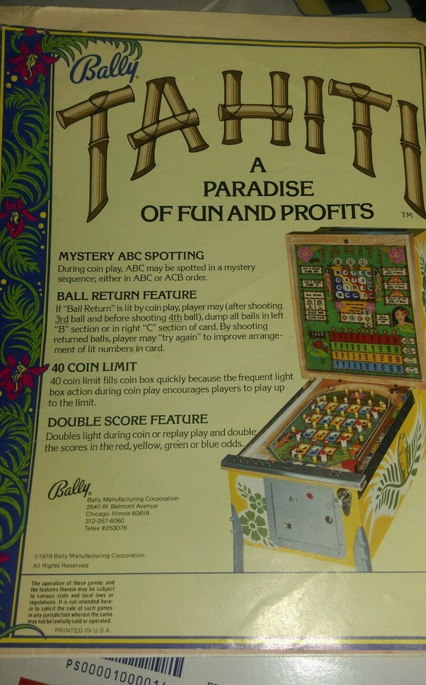 1979 BALLY TAHITI PINBALL FLYER