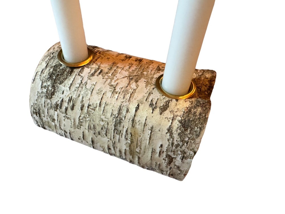 Half Birch Log 2-Pillar Winter Candleholder w/Brass Holder Inserts, EUC