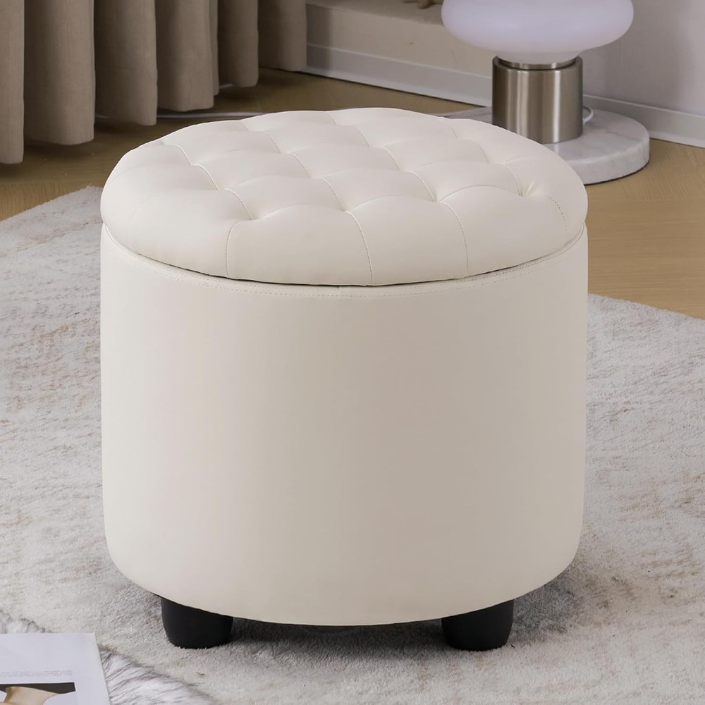 Upholstered Button Tufted Round Ottoman, PU Storage Ottoman Round,Lid Footstools