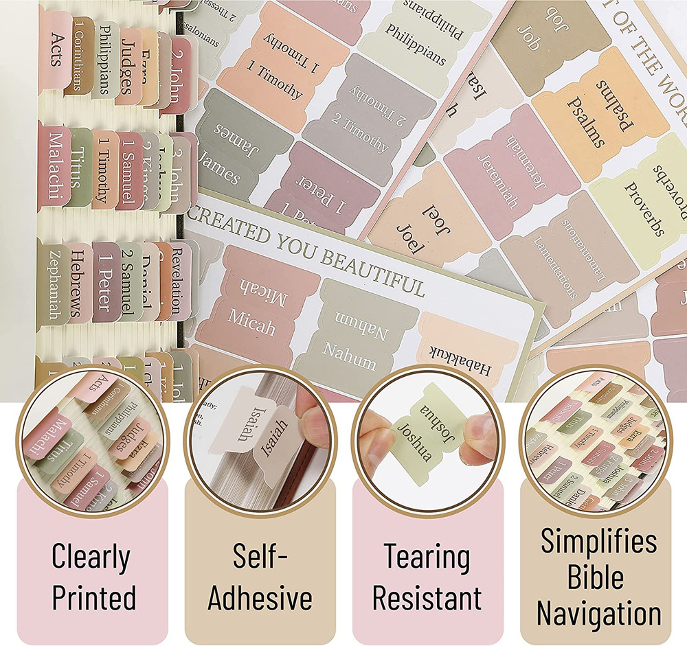 Bible Tabs, 75 Boho Theme Laminated Tabs for Women and Men, Tabs for Study Bible