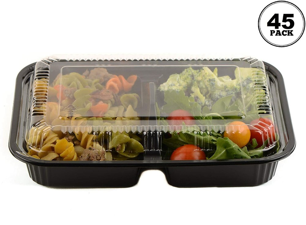 [ 45 Pack ] 3 Compartment Black Disposable Container with Lids