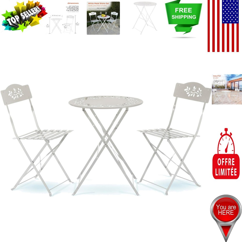 Compact White Bistro Set - 3-Piece Folding Table & Chairs for Stylish Spaces