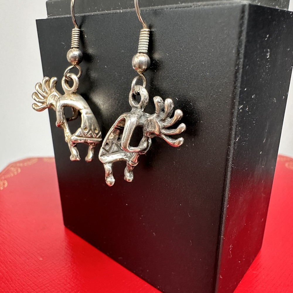 Vintage Southwest Sterling Silver Kokopelli Dangle Drop Earrings