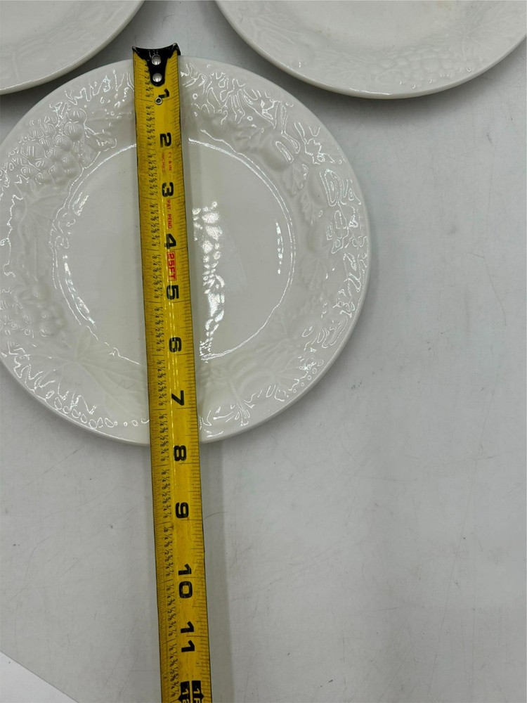 3) BLANC SUR BLANC DESSERT PLATES EMBOSSED FRUIT EDGE WHITE