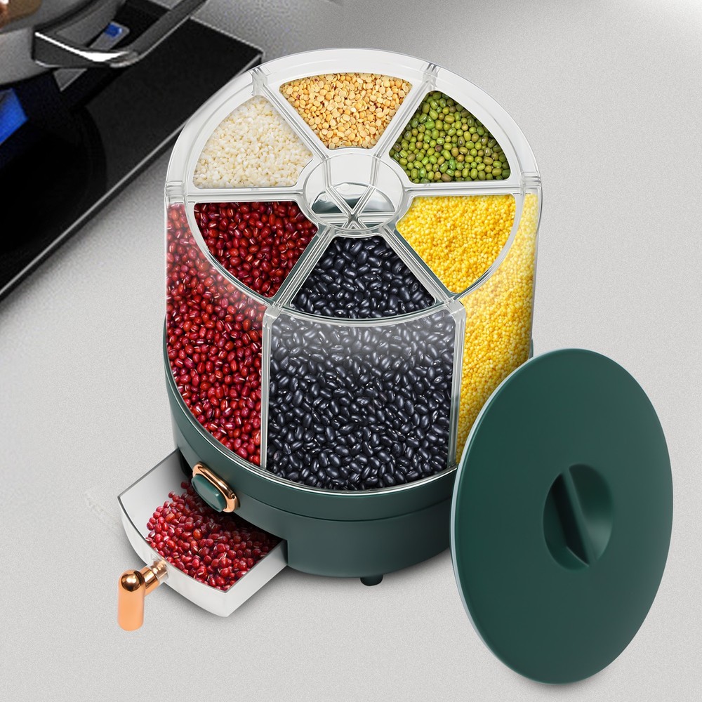 Rice Storage Container with 6 Compartments, Rotatable Dispenser for Grains