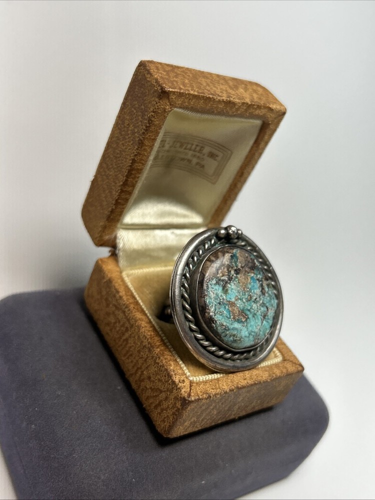 Large Native American Sterling Silver & Turquoise Twisted Cable Circle Ring