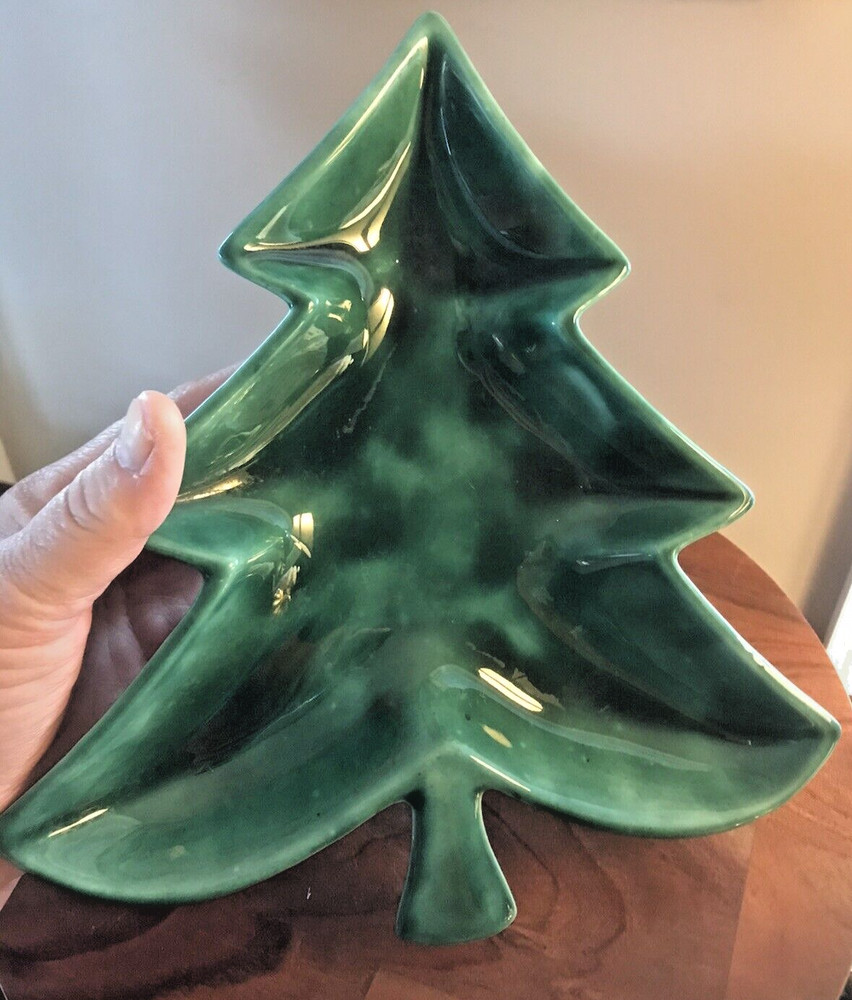 Vintage Green Ceramic Christmas Tree Shaped Candy and Nut Dish 9"