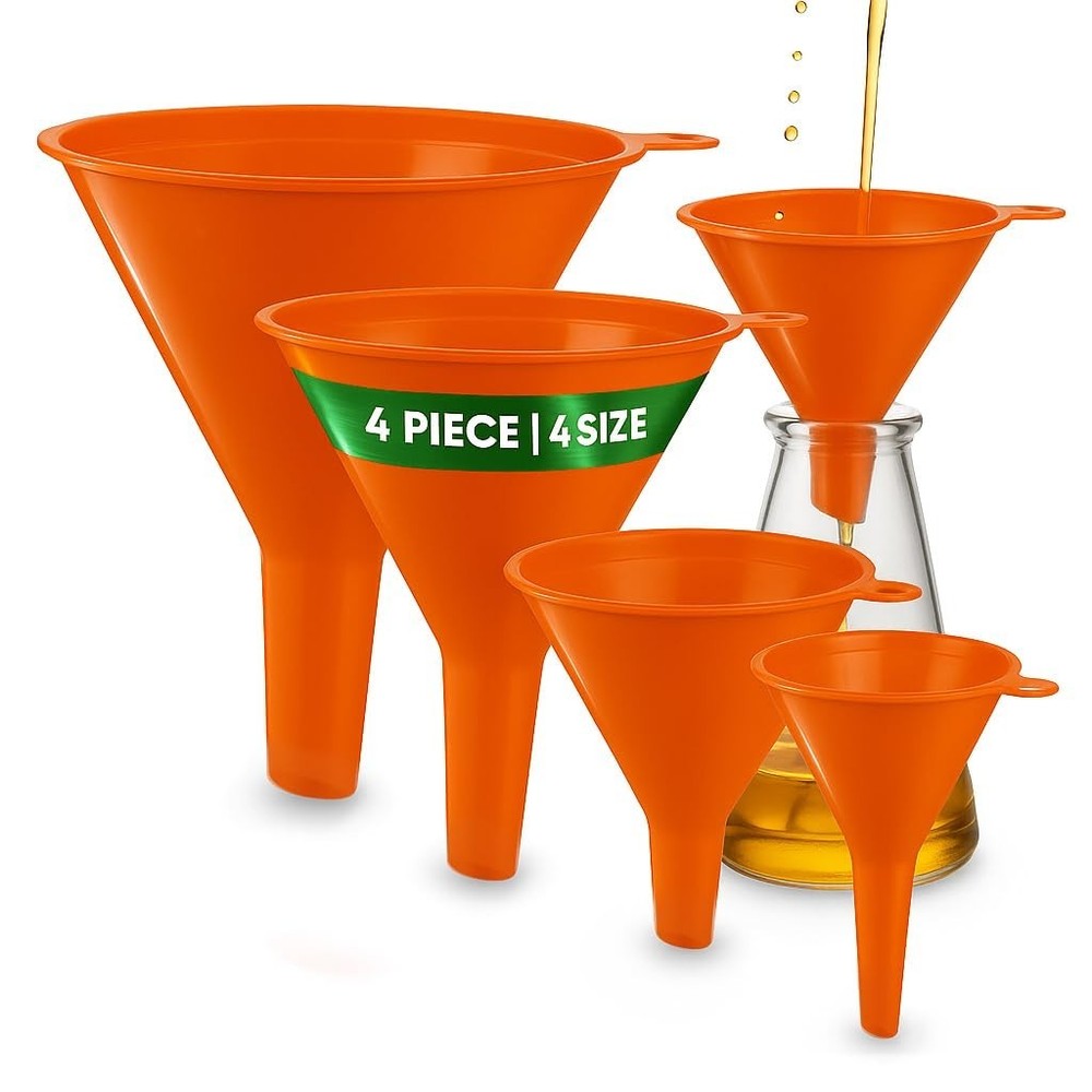 Versatile Orange Funnel Set - 4-Pack for Kitchen, Automotive, & Fluid Transfer