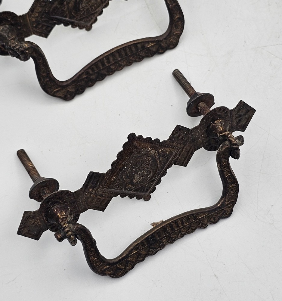 Antique Pressed Brass Drawer Pulls Ornate Gothis Style ~ 2 Pairs