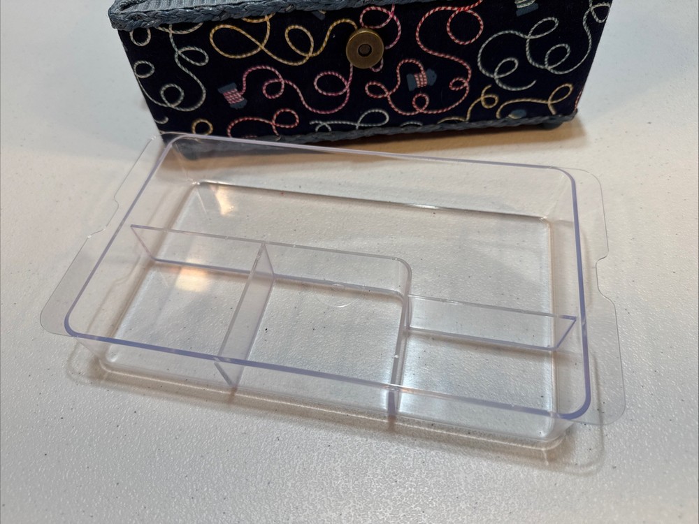 Sewing Basket Box Blue Fabric Plastic Woven Handle