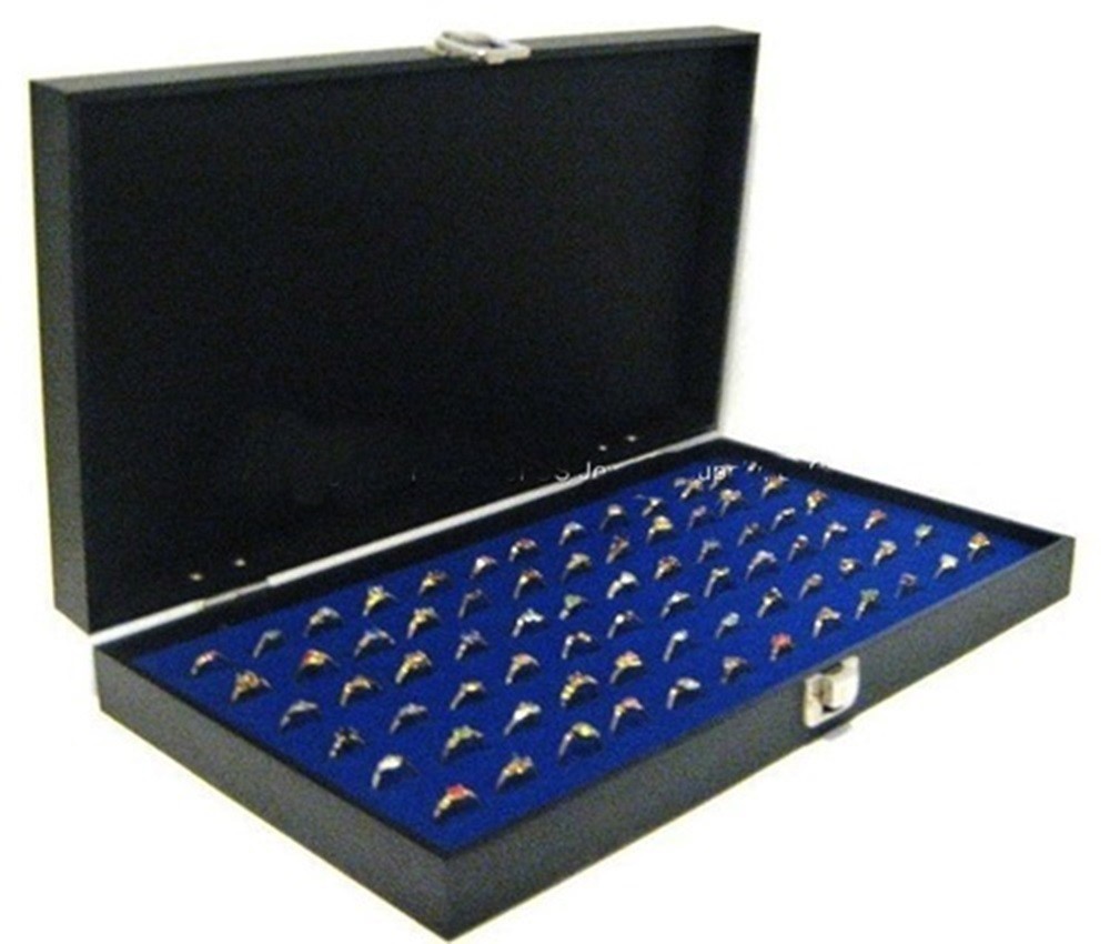 Ring Case Key Locking Solid Top Lid 72 Ring Blue Jewelry Display Storage Box