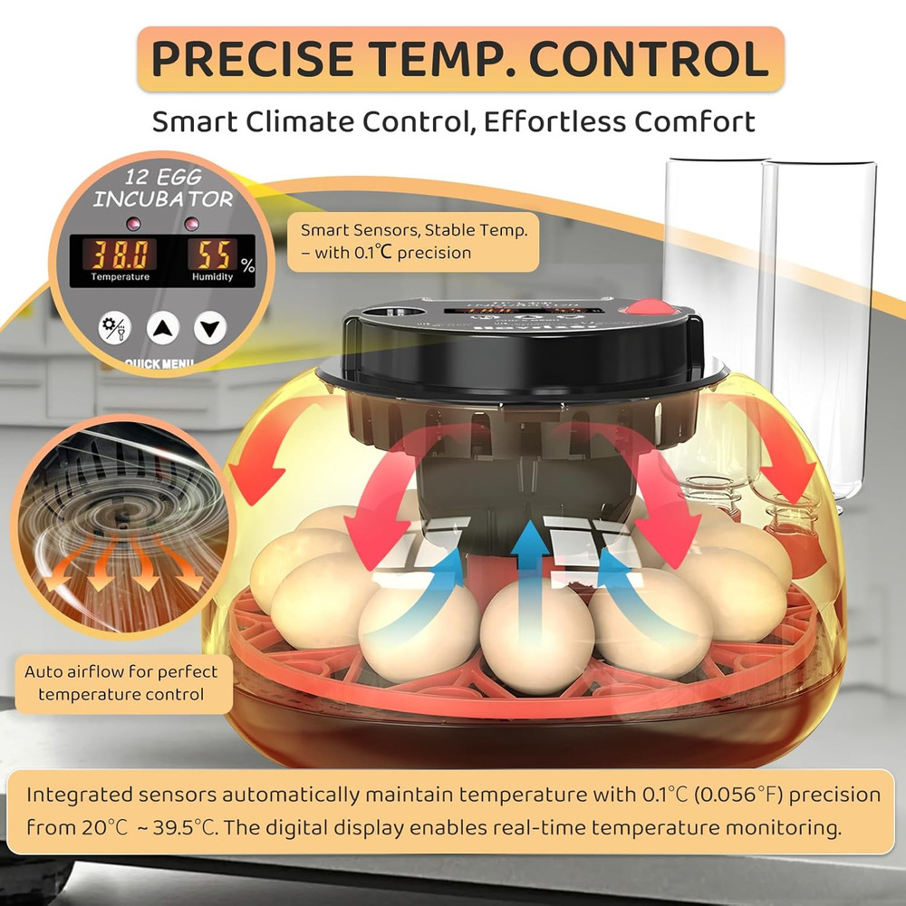 12 Egg Incubator for Hatching Eggs with Fully Automatic Egg Turning, Humidity Co