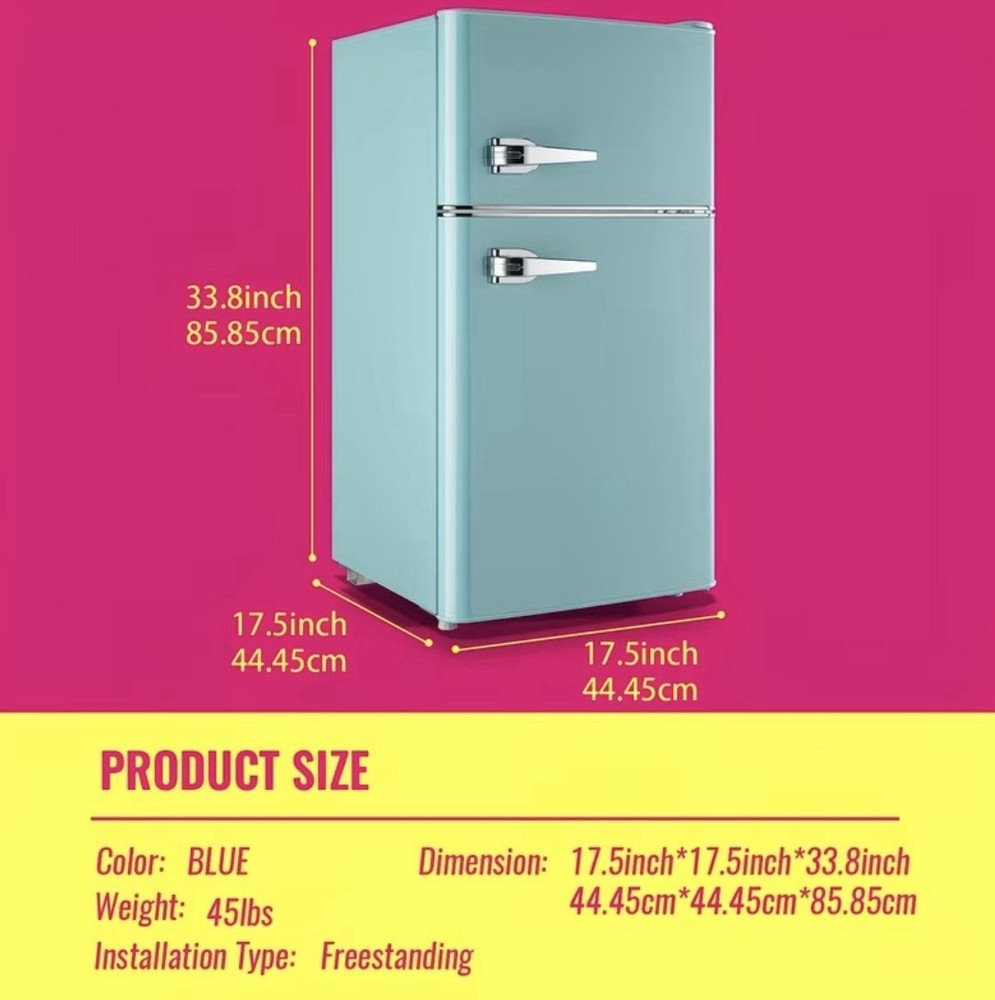 Retro Compact Mini Fridge Freezer, Blue, 2 Doors, Adjustable Thermostat