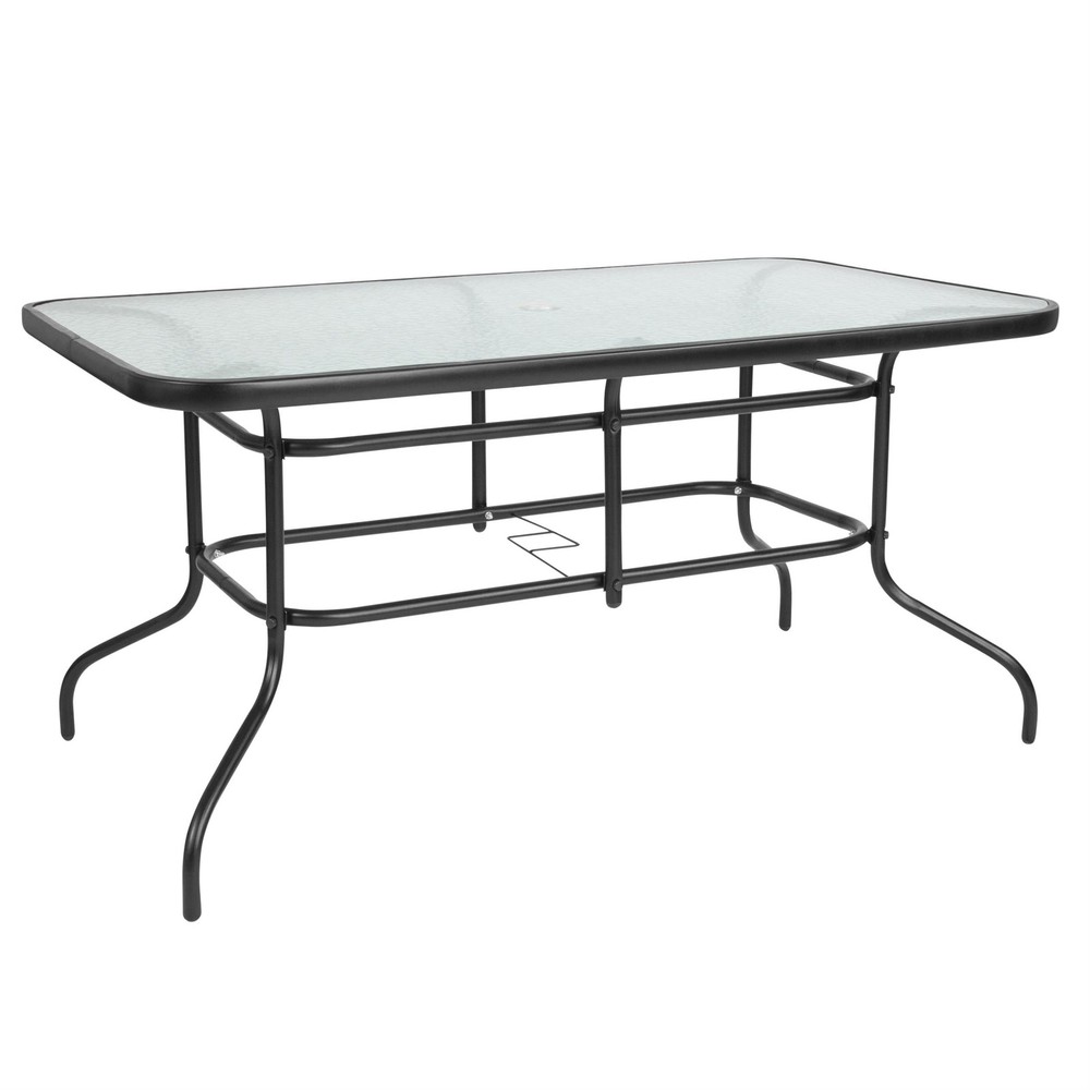 7 Piece Patio Dining Set - 55" Glass Patio Table 6 Black Flex Stack Chairs