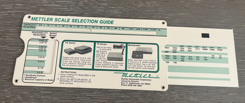 Vintage Mettler Scale Selection Slide Rule Guide