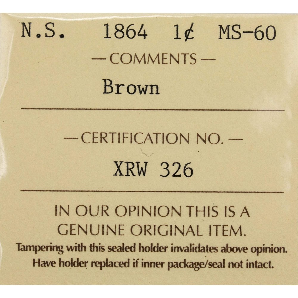 Nova Scotia 1864 One Large Cent Coin - ICCS MS-60 Brown
