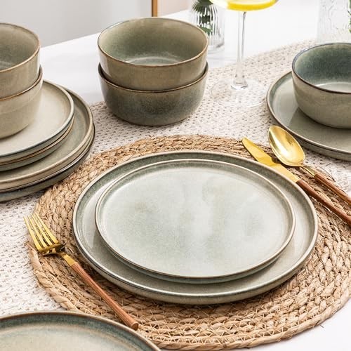 Stoneware Dinnerware Set for 4 - Round Reactive Glaze Plates & Bowls, 12pc, Micr