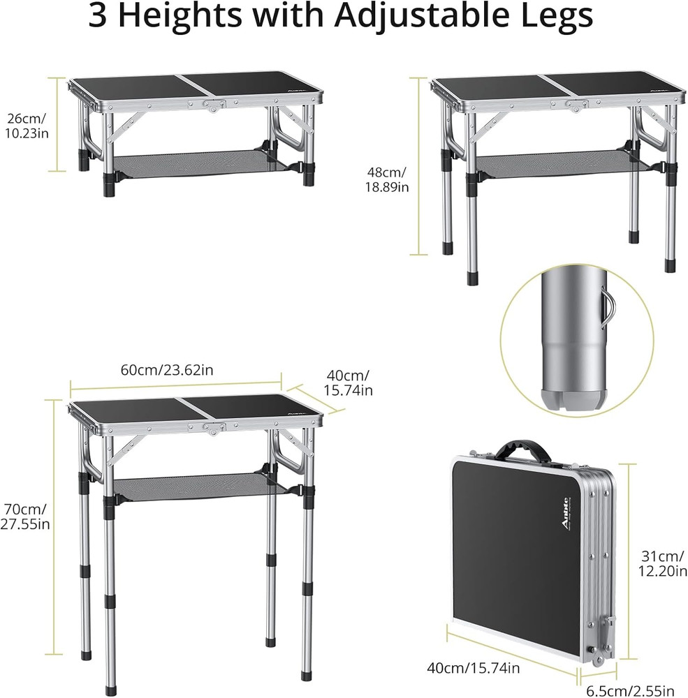 Folding Camping Table, Aluminum 24" X 16" Adjustable Height Small Folding Table