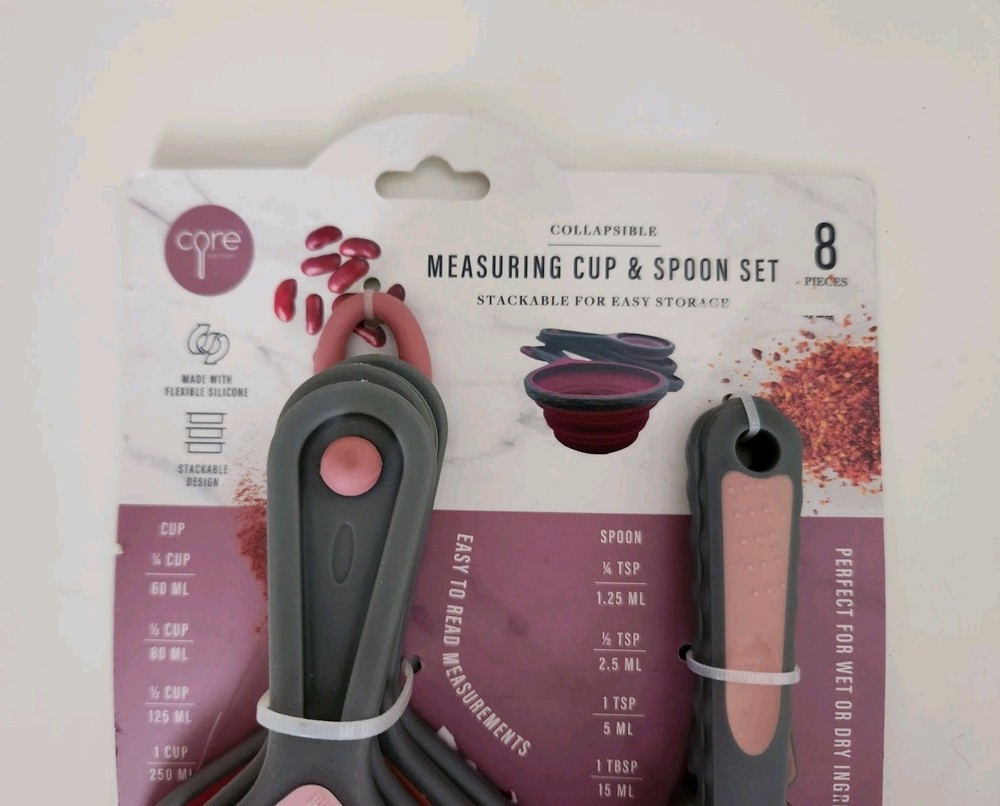 CORE KITCHEN 8pc Collapsible Measuring Cup & Spoons Set, flexible silicone.