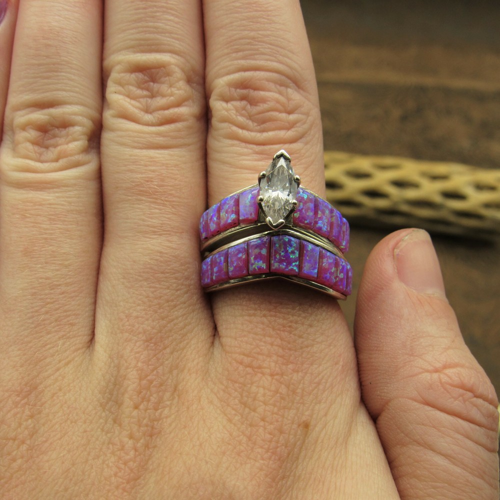 *Sterling Silver Purple Lab Opal Wedding Ring Set Size 8 1/2