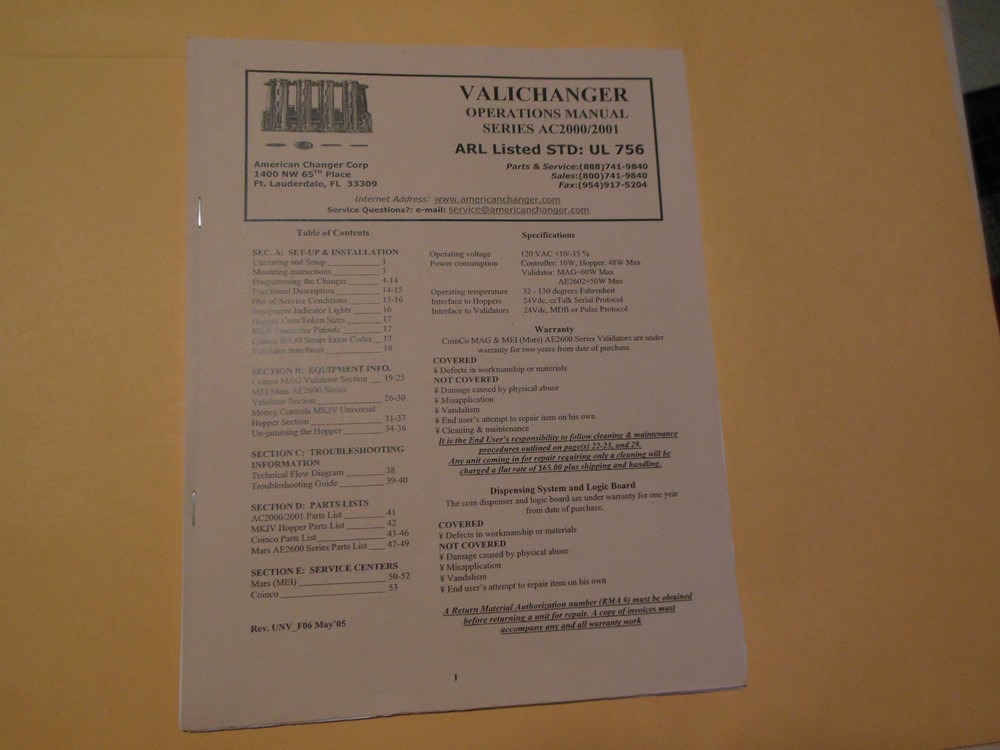 AC 2000/2001 CHANGER VALICHANGER    arcade  game manual
