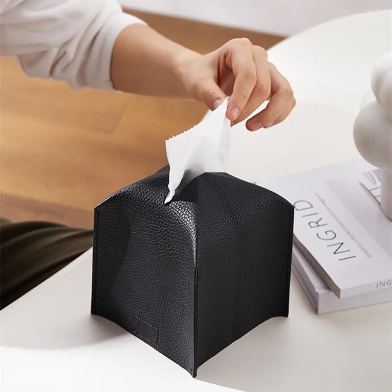 Tissue Box Cover, Refined Modern PU Leather Square Tissue Box Holder