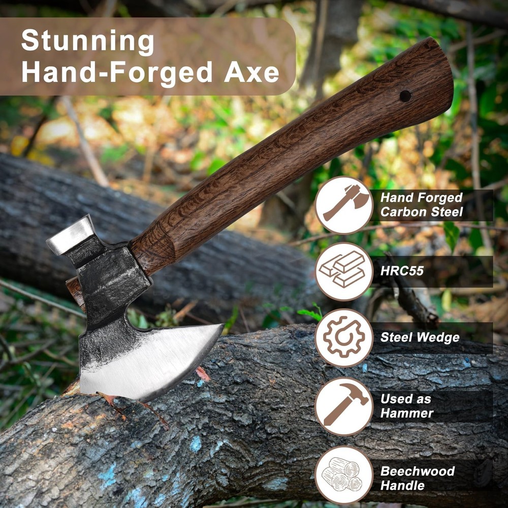 Wood Splitting Axe with Leather Sheath,Camping Hatchet with 10.74" Solid Hand...