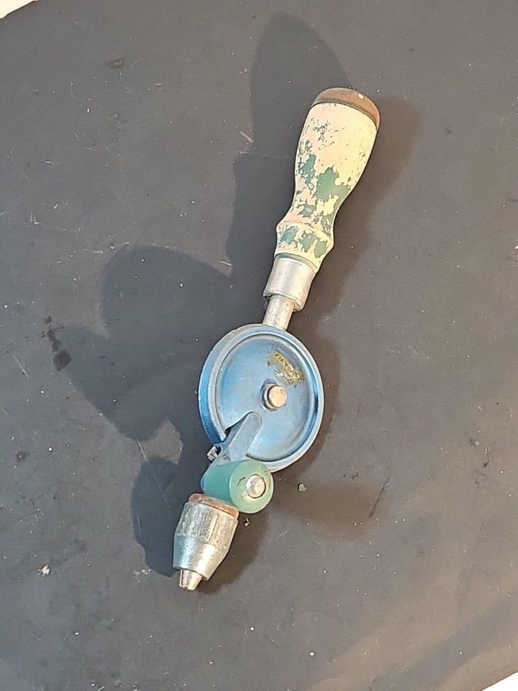Vintage Fix N SAVE HAND DRILL Green Blue Handle Storage Hand Tool As Is