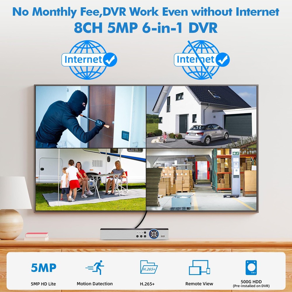 8CH DVR Security Video Camera Recorder Human Detection with 500GHDD Set
