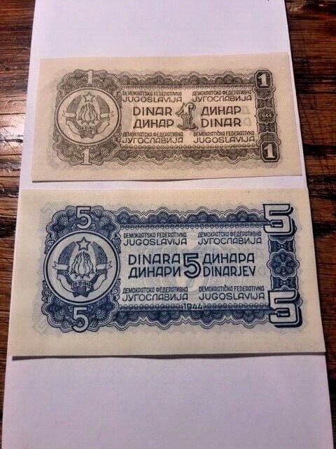 1944 Yugoslavia 1 Dinar & 5 Dinara Notes Unc #15052