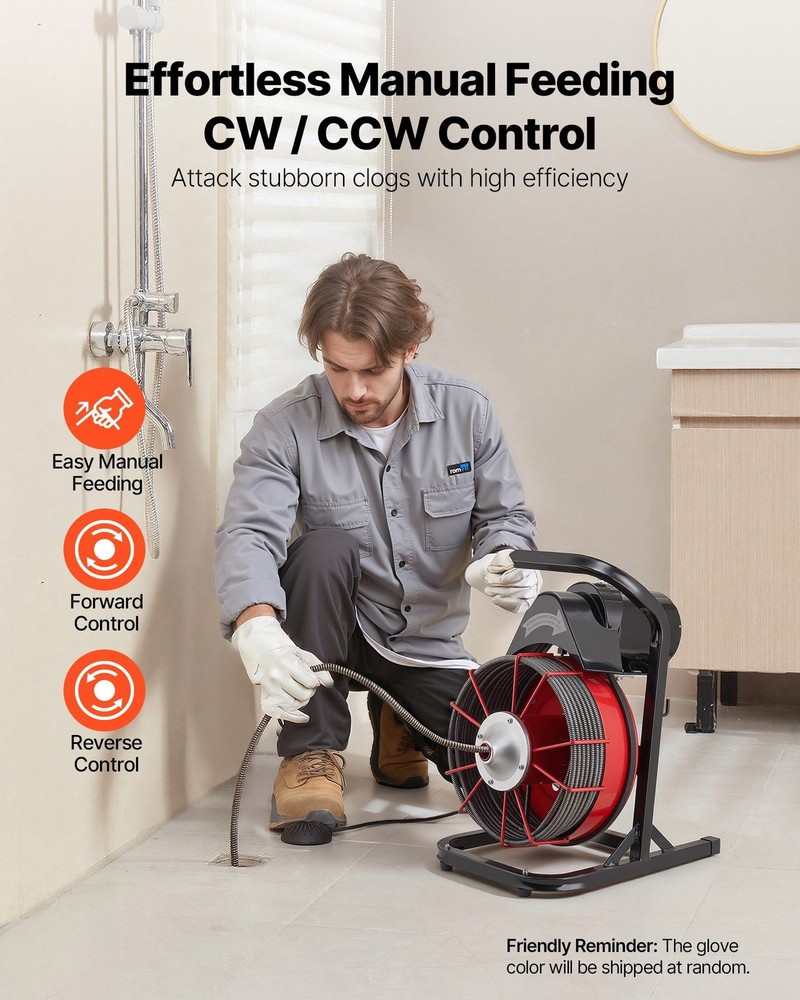 75ft Solid-Core Drain Auger, 4 Interchangeable Cutters