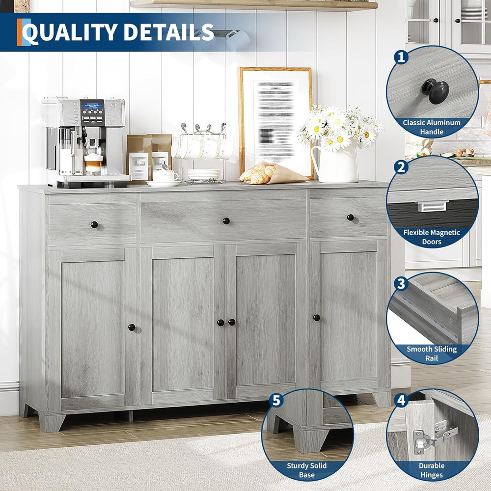 55" Grey Buffet Cabinet with Drawers & Shelves for Kitchen & Dining