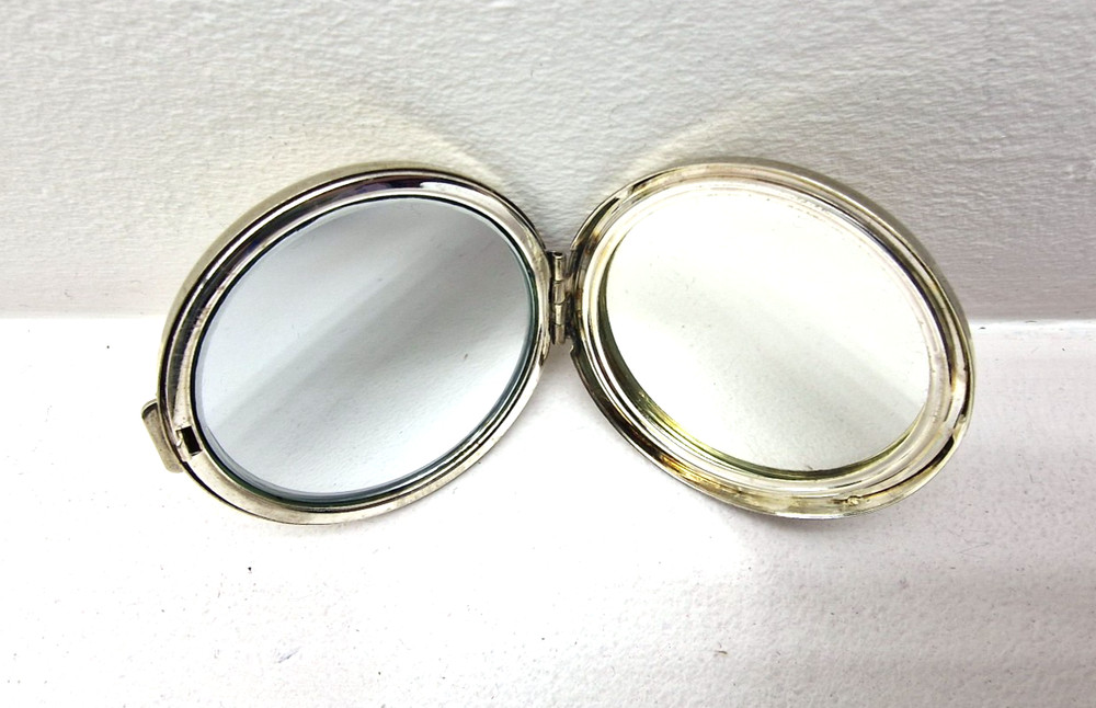Vintage Round Pocket Compact Double Mirror Silver Plated Makeup Mirror