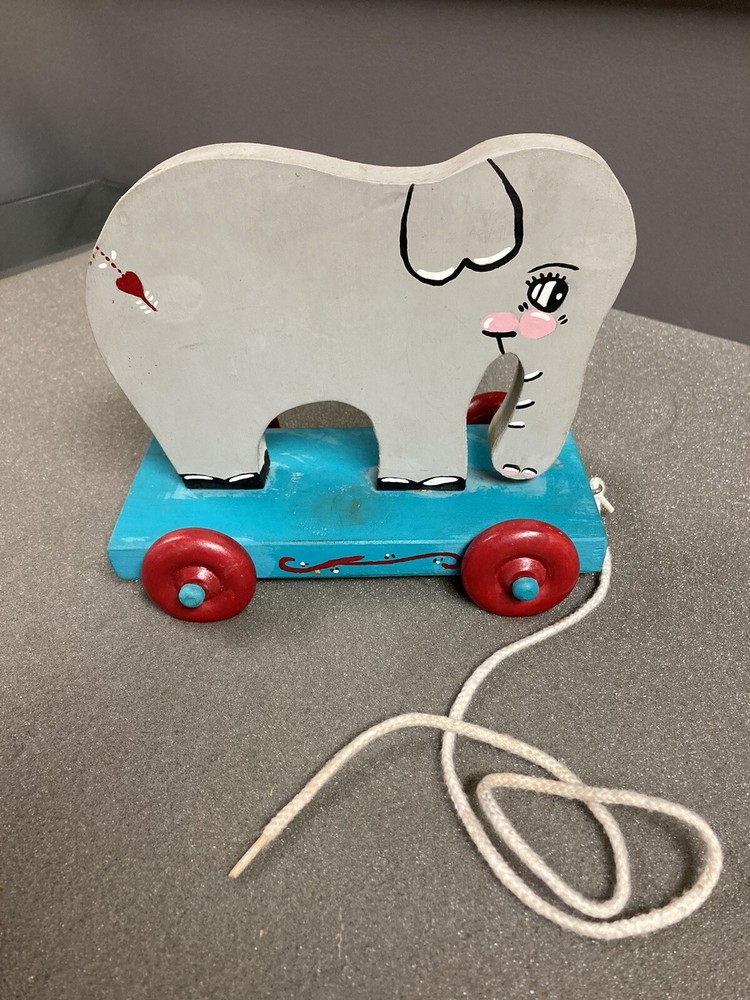 Vintage Wooden Grey Elephant Pull Toy