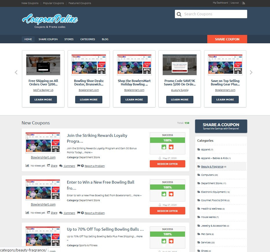 Coupons Discount Codes Sharing Website - Auto Pilot - Free Hosting + SSL