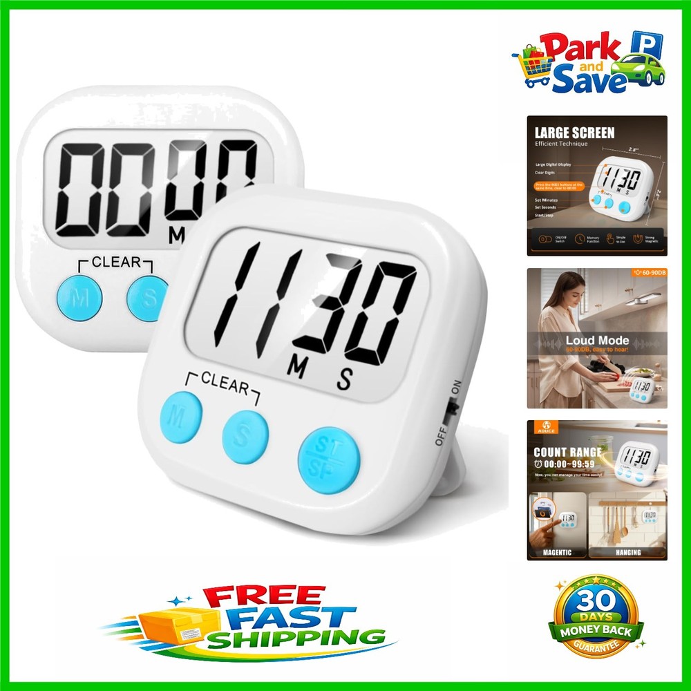 Digital Cooking Timer 2 Pack with Large Display & Convenient Memory Function