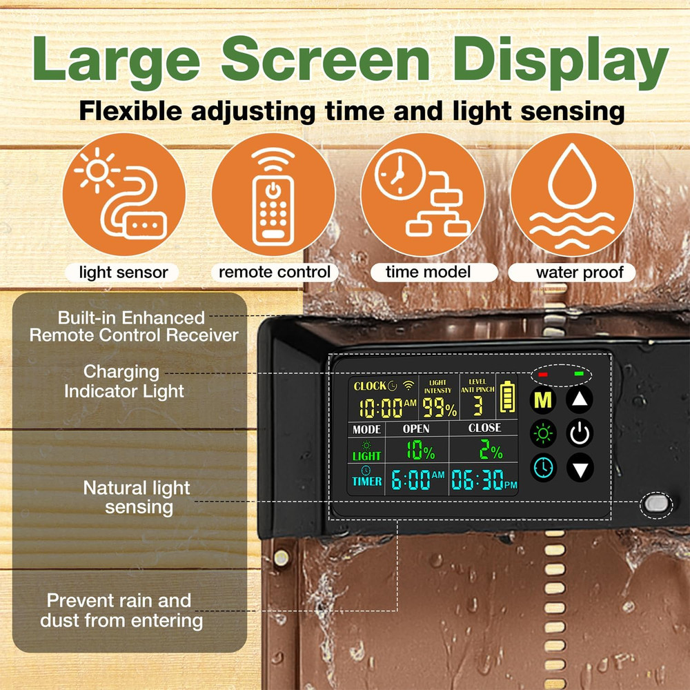 Automatic Chicken Coop Door Solar Powered with Timer&Light Sensor Remote Control