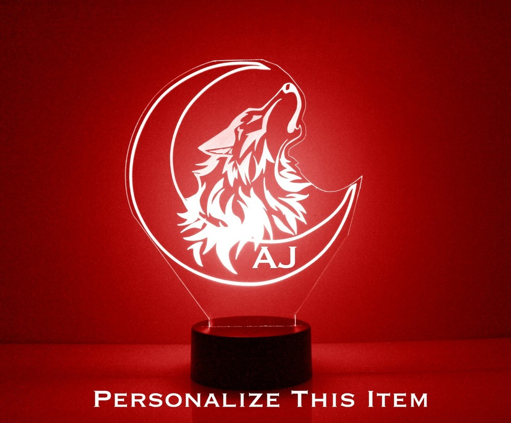 Howling Wolf & Moon Personalized LED Night Lamp FREE Engraved Names With Remote