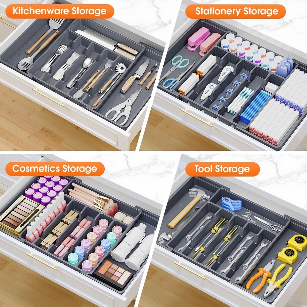 SpaceHacks Silverware Organizer，Adjustable & Expandable Utensil Large, Grey