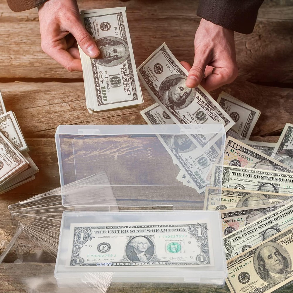 200 Pack Dollar Bill Holder Clear Rigid Sideload Currency Sleeves + Storage Case