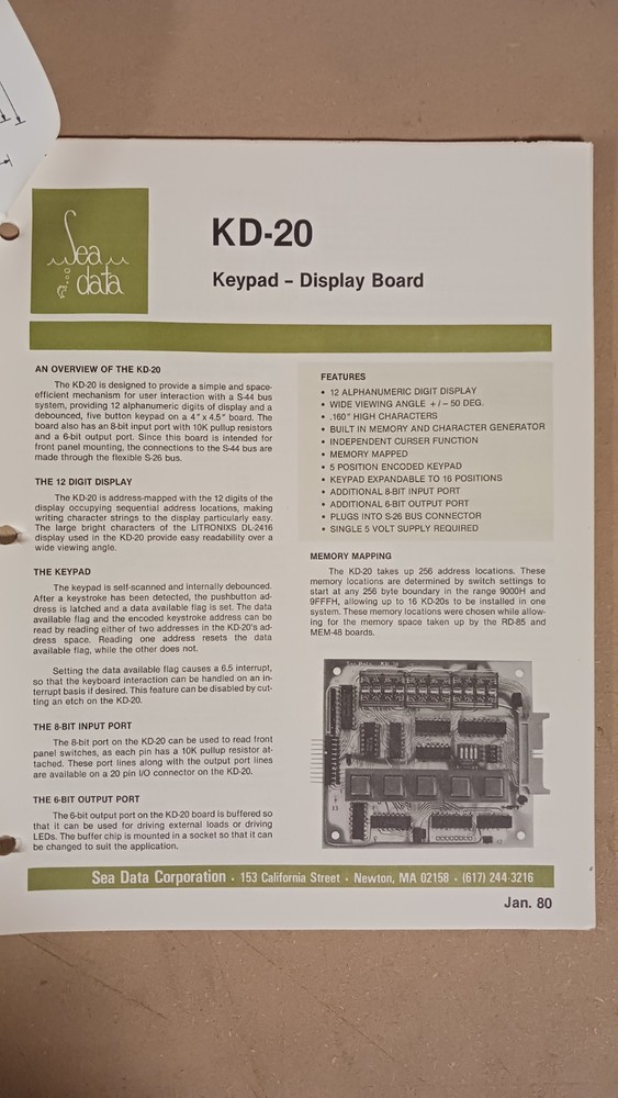 Sea Data Corporation RD-85 Single Board Microcomputer and Related Data Sheet