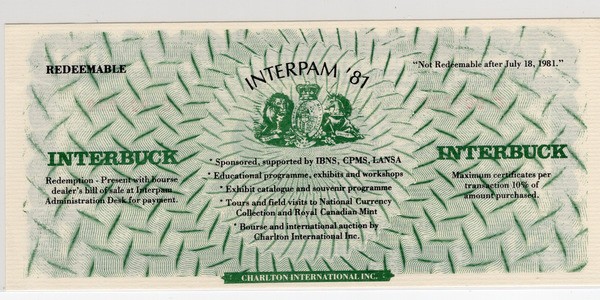 CANADA, 1981 INTERPAM SOUVENIR, 1 INTERBUCK , UNC