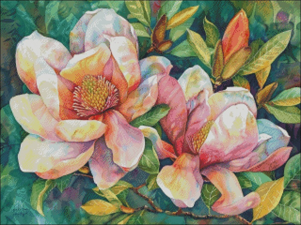 Blooming Magnolias Chart Counted Cross Stitch Patterns Needlework DIY DMC Color