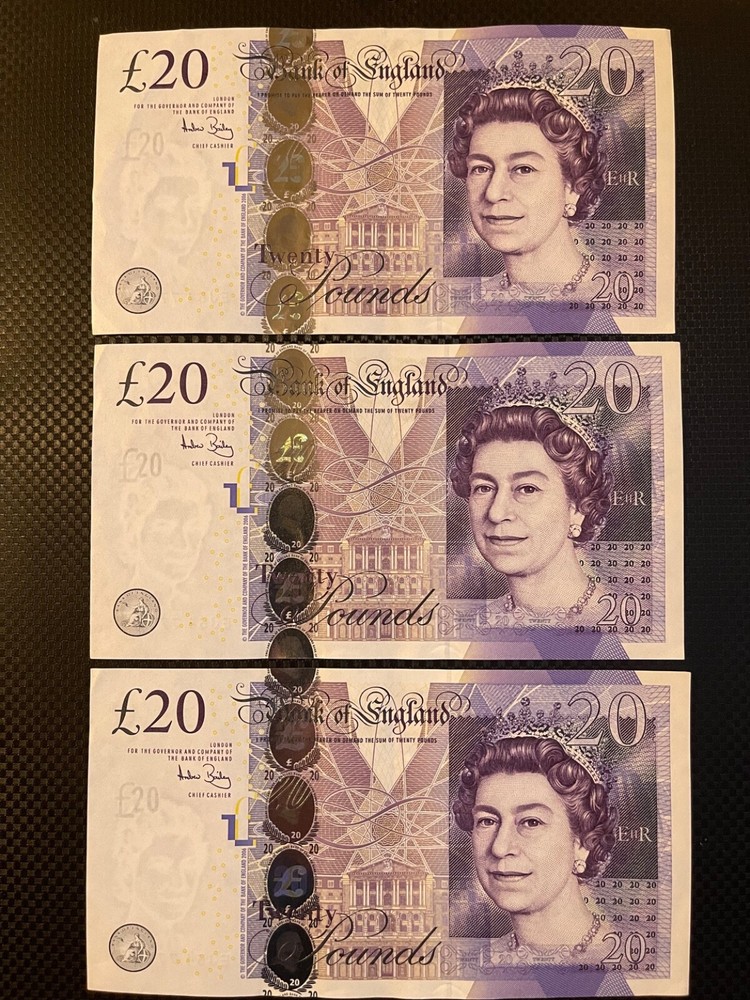 3 x Old British Twenty Pound Notes-Consecutive number-very good condition