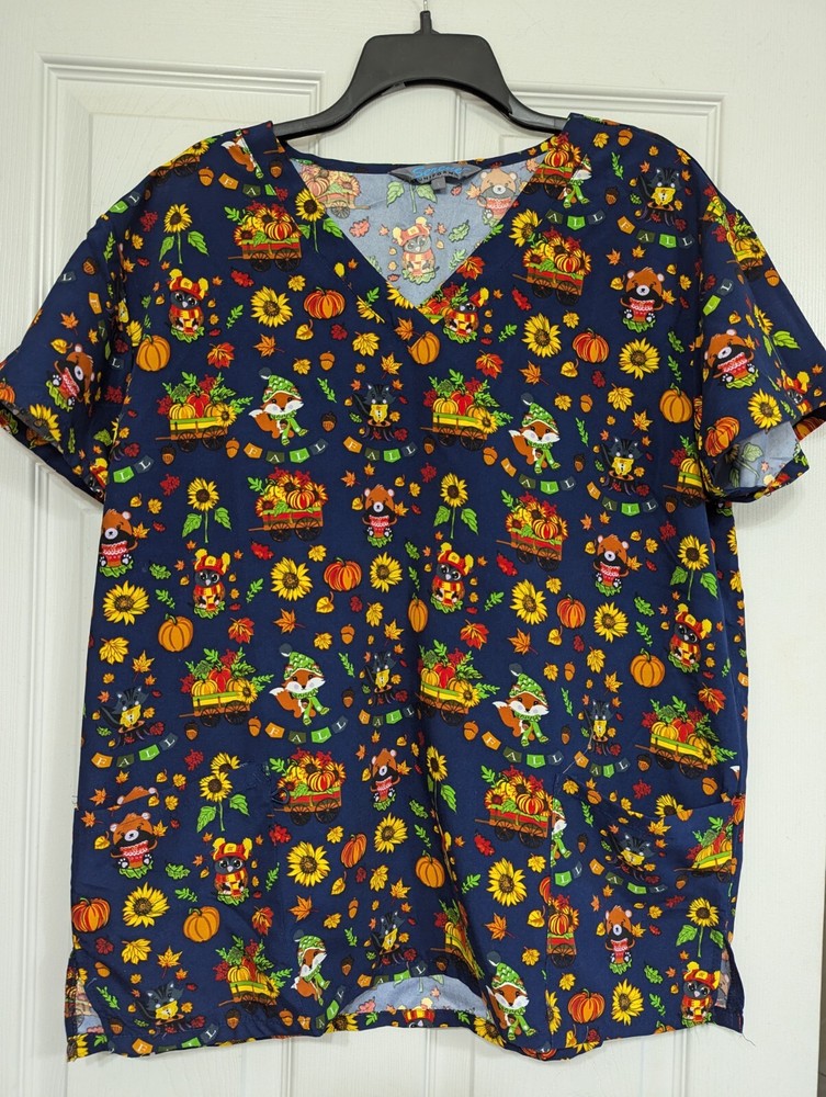 Women's Fall Theme Scrub Top Size Large