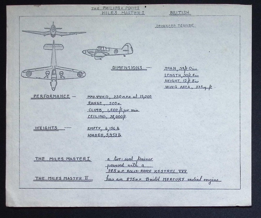 Original WWII Miles Master I & II Recognition Drawing – British Advanced Trainer