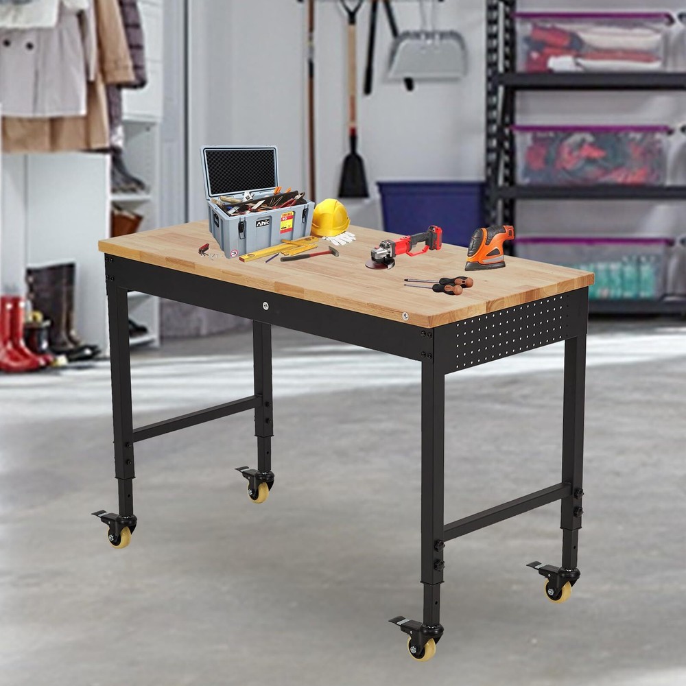 ☑️48" Adjustable Workbench Workstation 2000LB Load Capacity Rubber Wood Top Draw