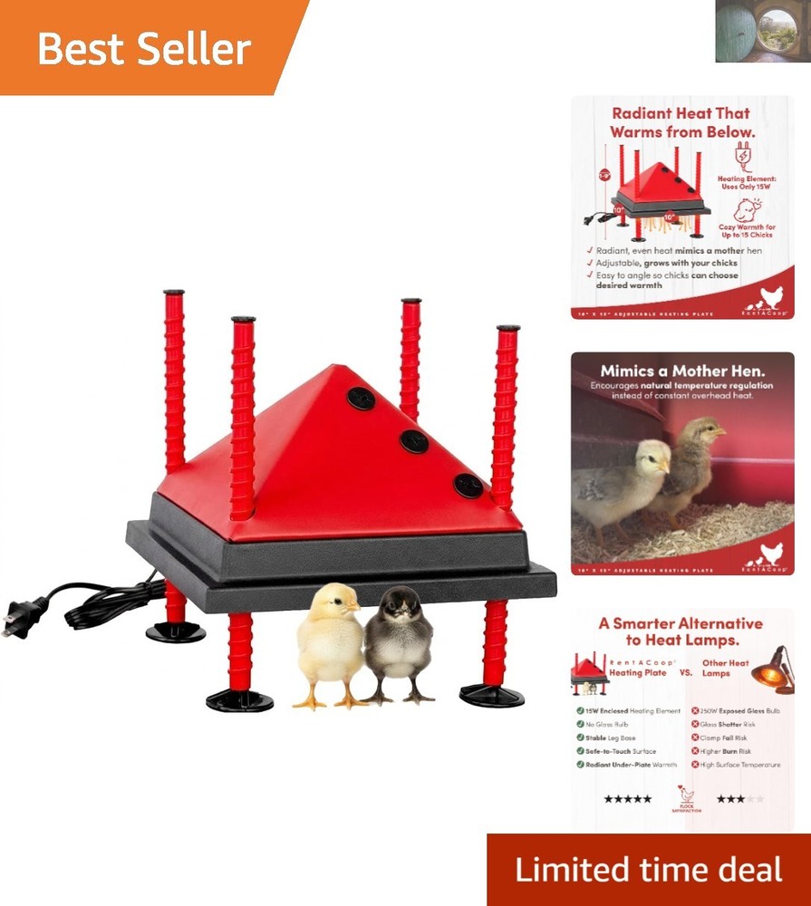 Safe 10x10” Adjustable Heating Plate for Poultry - Energy-Saving Chick Brooder
